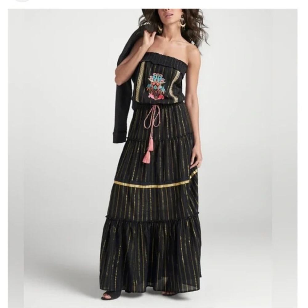 EUC VENUS Black Embroidered Strapless Maxi Dress Boho Tiered Size MED